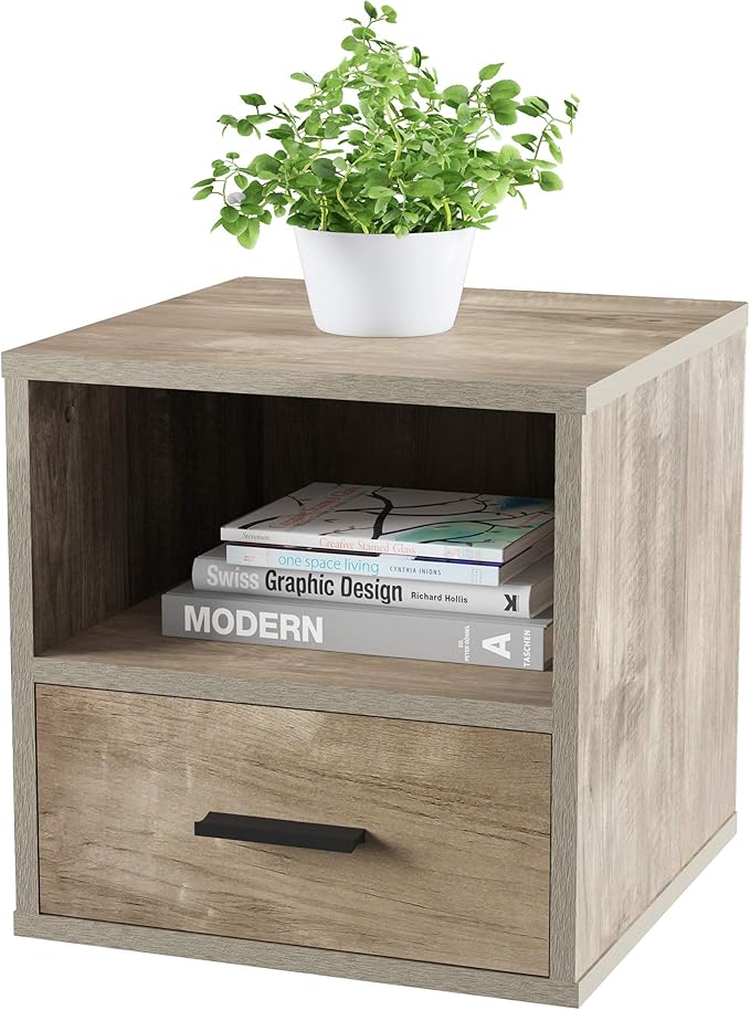 Lavish Home End Stackable Contemporary Minimalist Modular Cube Accent Table with Drawer for Bedroom, Living Room or Office (Gray),