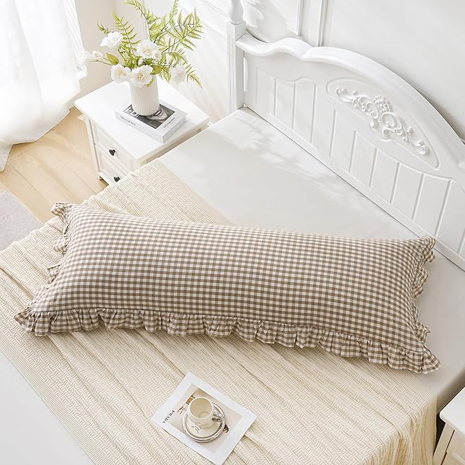 Taupe/White Plaid Ruffled Body Pillow Cover Washed Cotton Farmhouse Checkered Gingham 1 Piece Pillowcase for Living Room 20"x54" Brown