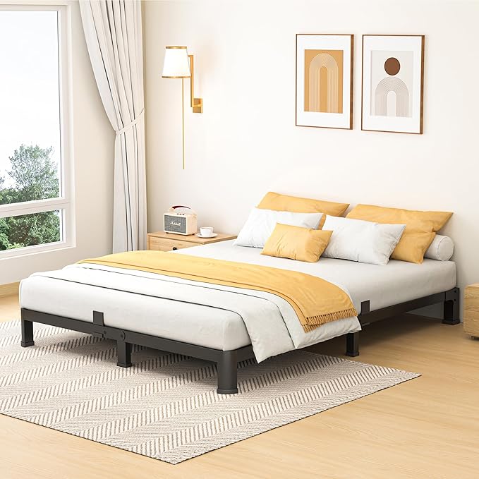 7 Inch Queen Bed Frame, Metal Platform Bed Frame with Round Corner Legs, 3500 lbs Heavy Duty Steel Slats Support, No Box Spring Needed, Noise Free, Easy Assembly, Black