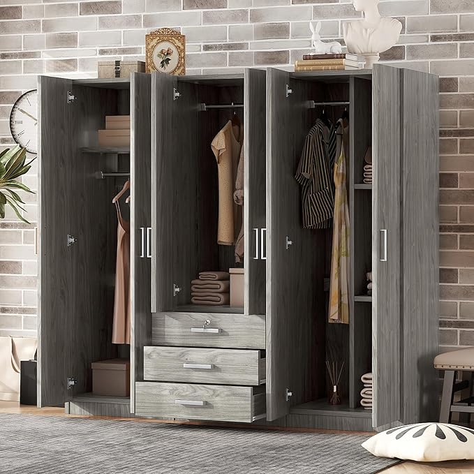 68" H Large 6 Doors Wooden Wardrobe Closet, Freestanding Armoire Wardrobe Closet Cabinet with 3 Drawers, Shelves and Hanging Rod for Hanging Clothes, Coat Closets for Bedroom, Gray