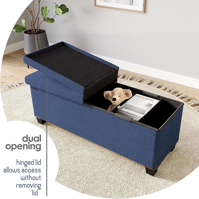 Storage Ottoman Bench with Bins, 43-in Storage Bench for Bedroom End of Bed, Folding Foot Rest Ottoman for Living Room Max 660lbs, Fabric Ottomans, Blue