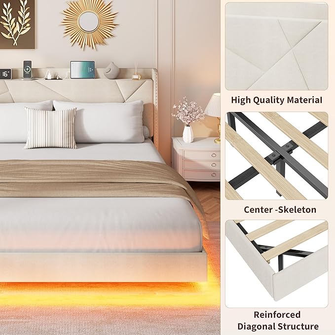 Garvee King Size Floating Bed Frame with RGB LED Lights and Charging Station, Upholstered Platform Bed with Storage Headboard and Button Tufted Design, No Box Spring Needed, Beige