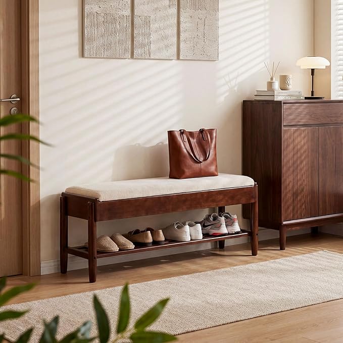YEPDIN 39.3" Solid Wood Shoe Rack Bench with Flip-Top Storage,2 Tier Shoe Rack Bench with Chenille Cushion,for Entryway, Hallway,Living Room, Bedroom, Closet