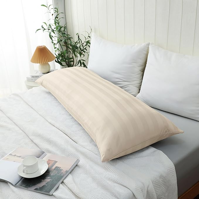100% Cotton Soft Body Pillow Protectors with Invisible Zipper 20X54 Inches Body Pillow Cases, 600 Thread Count Soft Pillow Cases, Striped Beige Color 1-Pack