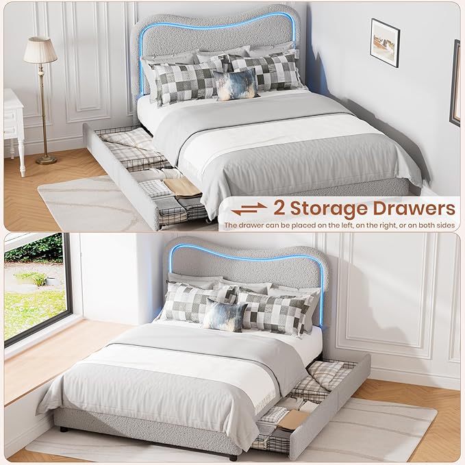 GarveeHome LED Full Size Bed Frame with 2 Drawers and Headboard, Cute Upholstered Bed with Storage, Sturdy Platform Bed, No Box Spring Needed, Wooden Slats, Noise Free, Grey