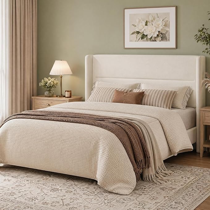 Garvee Queen Size Bed Frame with Wingback Headboard, Velvet Upholstered Platform Bedframe with Wood Slats, No Box Spring Needed, Easy Assembly, Beige