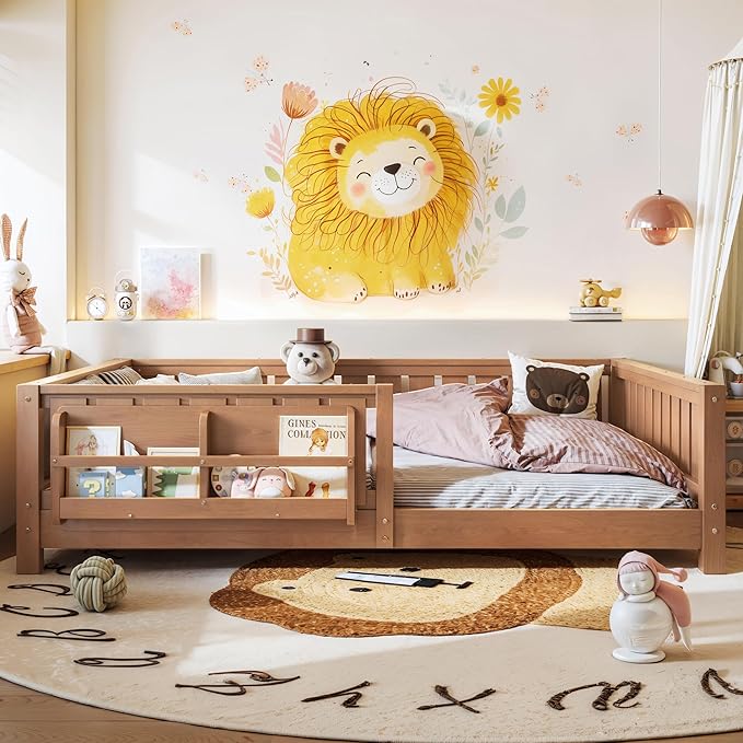 Bellemave Full Size Kids Montessori Bed with Bookshelf,Solid Wood Full Floor Bed Frame with Fence and Slats for Girls Boys,Low-Profile,Dark Natural