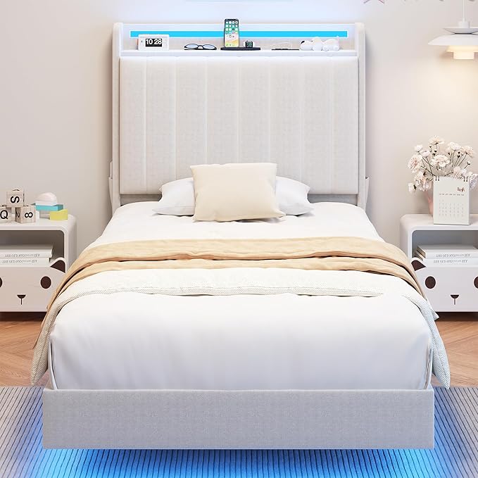Twin Size Floating Bed Frame with Ergonomic Hidden Storage Headboard and LED Light,Visual Floating LED Bed Frame with Charing Station,Velvet Upholstered Platform Bed for Kid/Boy/Girl,Heavy Duty,White