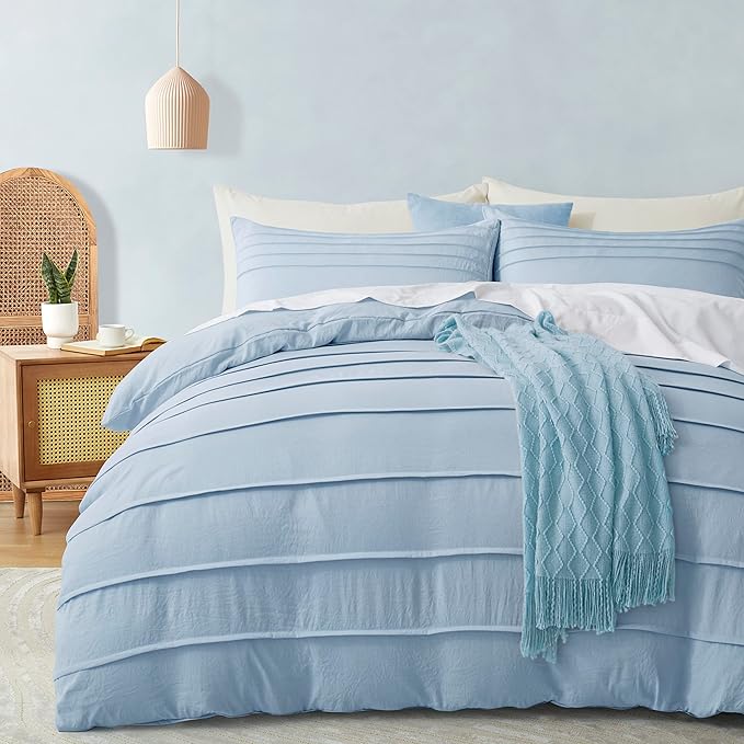 Oli Anderson Airy Blue Duvet Cover King Size - Pleated King Duvet Cover, 3PCS Soft and Breathable Textured Bedding Set with Zipper Closure(Airy Blue,104"x90")