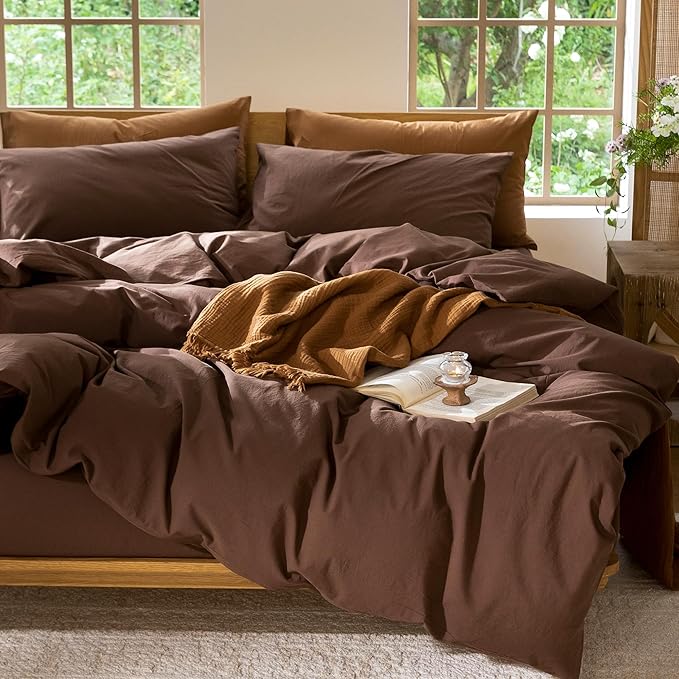 MooMee Bedding Duvet Cover Set 100% Washed Cotton Linen Like Textured Breathable Durable Soft Comfy (Solid Cocoa Brown, Palatial King/Oversized King 120"x98")