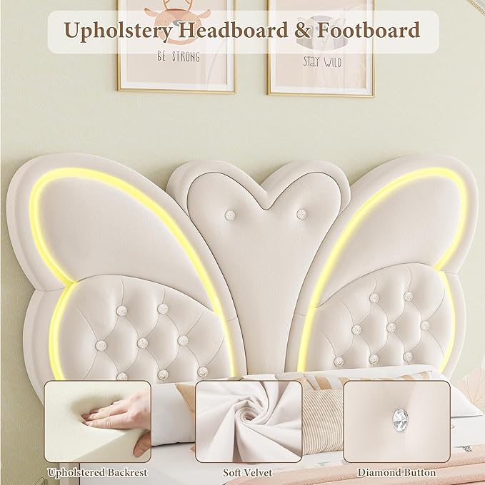 Keyluv Twin Bed Frame Butterfly-Pattern Upholstered Headboard, Modern Floating Bed with LED Lights Button Tufted on Headboard and Footboard, Slats Support No Box Spring Needed, Noise-Free, Beige