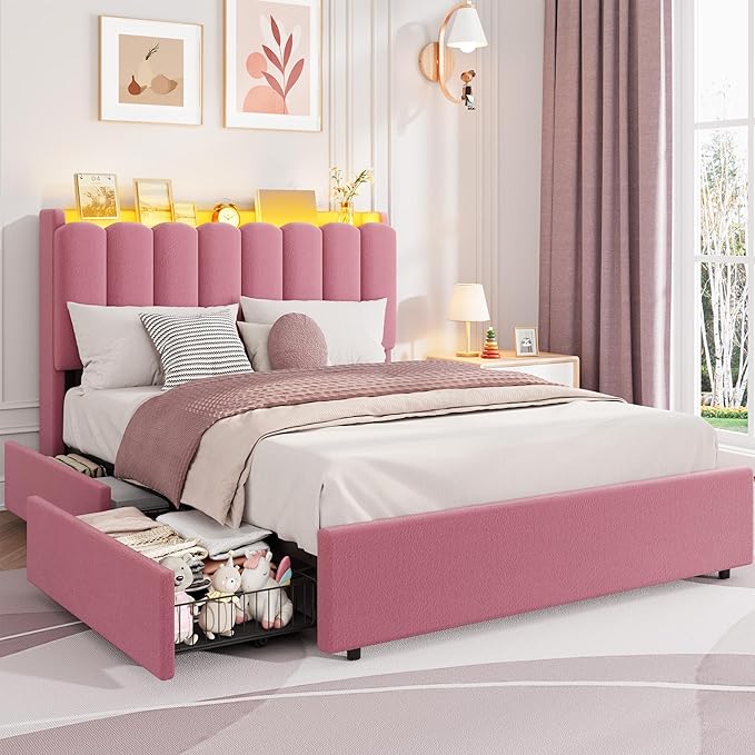Garvee LED Full Size Bed Frame with Storage Headboard, Kids Bed Frame with 2 Drawers, Boucle Upholstered Platform Bed for Girls, Chic Wavy Headboard with Bookcase, No Box Spring Needed, Dark Pink