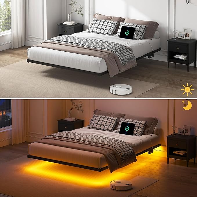 YORMDMO Floating Bed Frame Full Size, Heavy Duty Bedframe with Smart LED Lights & Charging Station, Modern Metal Platform Bed, Easy Assembly No Box Spring Needed, 10 Inch