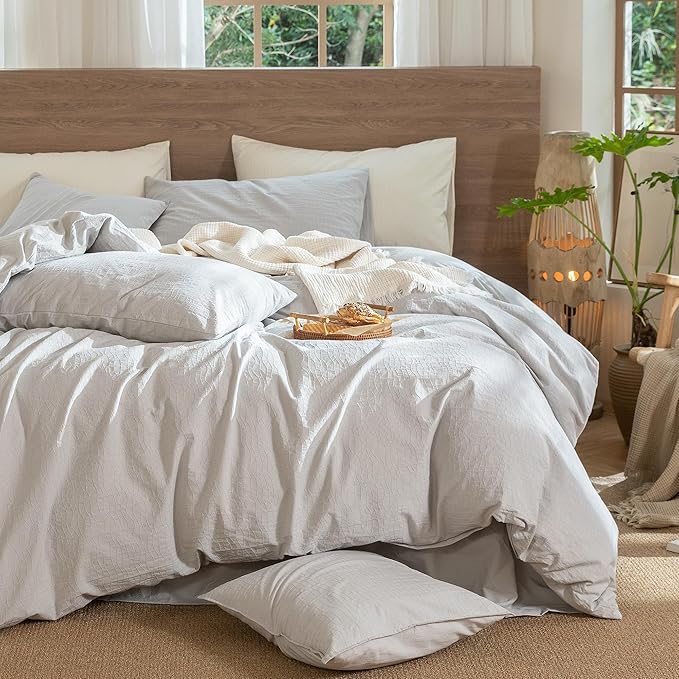 MooMee Wavy Striped Duvet Cover Set 100% Washed Cotton Linen Like Textured Breathable Durable Soft Comfy (Light Grey, Palatial King/Oversized King 120"x98")
