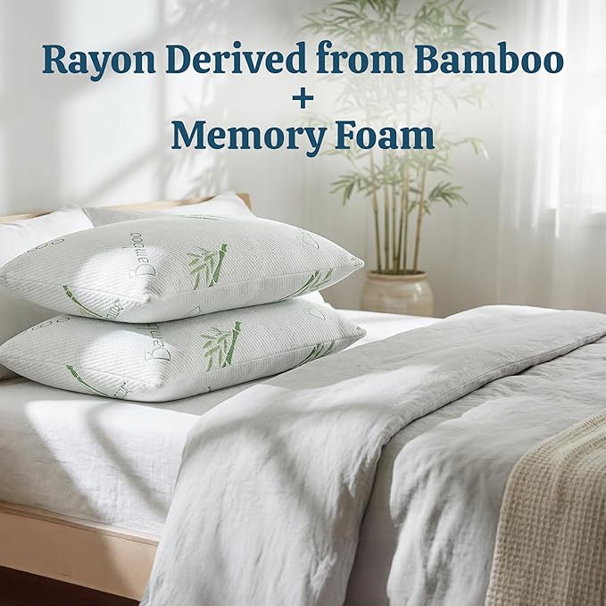 OMEO 2 Pack Queen Size Rayon Derived from Bamboo Pillow for Sleeping Shredded Memory Foam Bed Pillows for Side, Back and Stomach Sleepers, Soft, Cooling, Adjustable and Washable Cover 20" x 30"