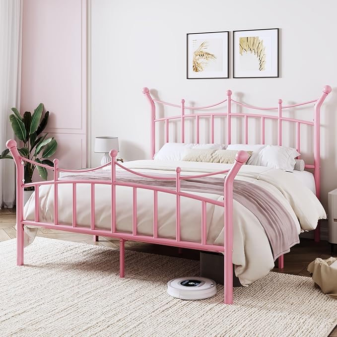 Allewie 14 Inches Full Size Metal Platform Bed Frame with Elegant Crown Iron-Art Headboard & Footboard, Sturdy Mattress Foundation with Under-Bed Storage, Easy Assembly, No Box Spring Needed, Pink