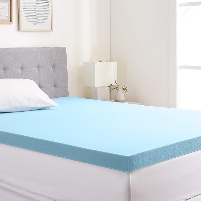Amazon Basics Cooling Gel-Infused Alternative Latex Queen Mattress Topper, CertiPUR-US Certified, 3 Inches, Blue