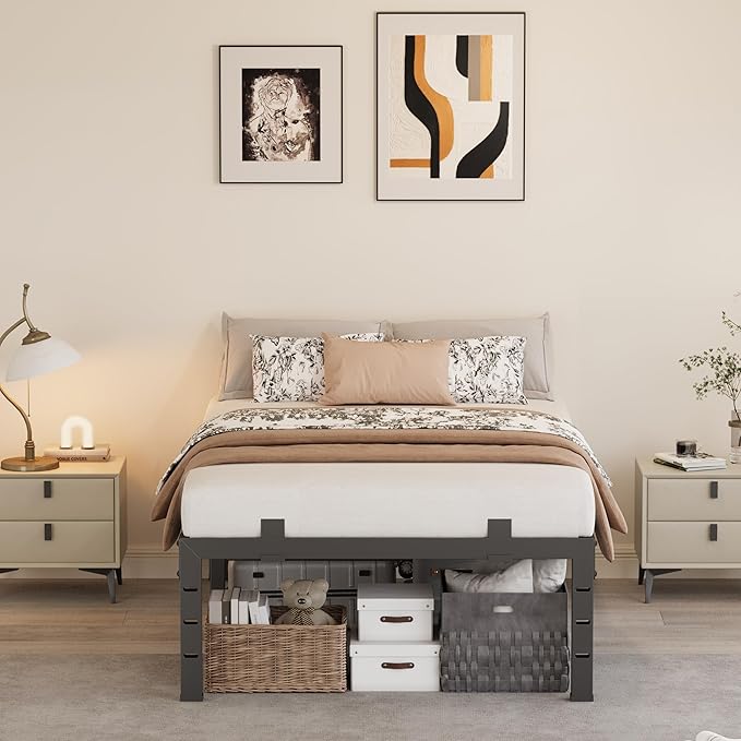 14 Inch Twin Bed Frames, Heavy Duty Metal Platform 3500 lbs Capacity, No Box Spring Needed, 6 Mattress Slide Stopper, Headboard Holes, Noise-Free, Easy Assembly