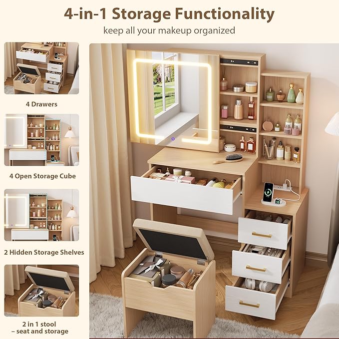 IDEALHOUSE Vanity Desk with Mirror and Lights, Vanity Table and Chair Set with 4 Drawers and Charging Station, Dresser LED Sliding Mirror with 3 Color Modes Adjustable Storage Shelves, Natural+White