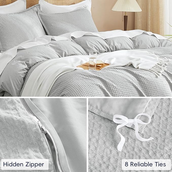 PHF Waffle Weave Duvet Cover Set King Size, No Snagging Ultra Soft Luxury Textured Breathable Comforter Cover for All Season 3pcs, Durable Bedding Duvet Set with 2 Pillow Shams, 104"x90", Light Grey