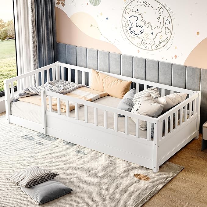 Bellemave Twin Size Floor Bed with High Fence, Wood Montessori Bed with Slats and Guardrails, Montessori Floor Beds Frame for Kids, Girls, Boys, White