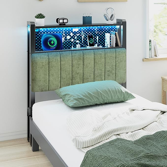 VINGLI Twin Size Dorm Headboard with Storage, Upholstered Head Board for Twin XL Bed, Charging Stations and LED Light, 2 Tier Shelves and Pegboard,Height Adjustable,Sage Green
