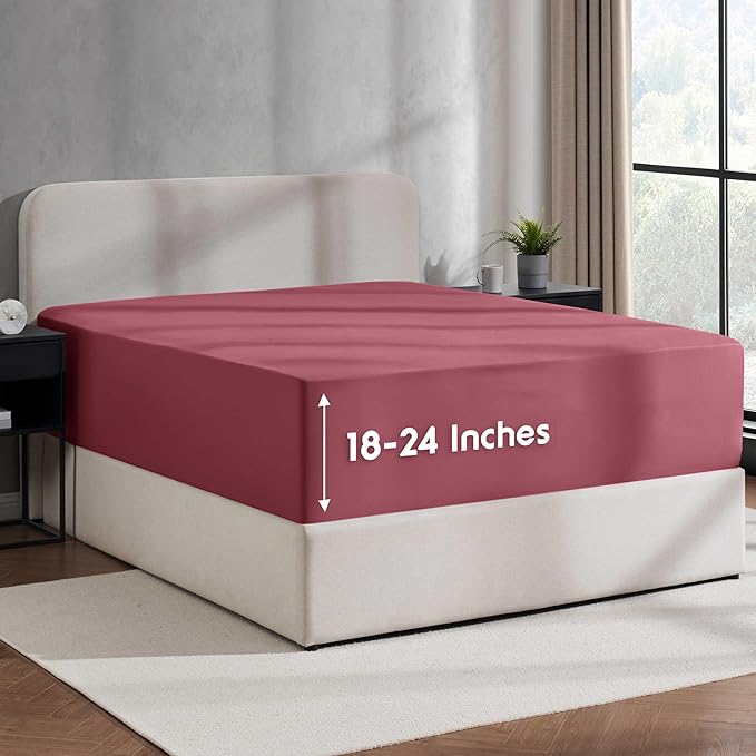 Nestl Burgundy Red Extra Deep Pocket Fitted Sheet Queen, Hotel Luxury Queen Fitted Sheet Only Easily Fits 18 to 24 Inch Mattress, Super Soft, Wrinkle-Free, Breathable Bottom Sheets with Corner Straps