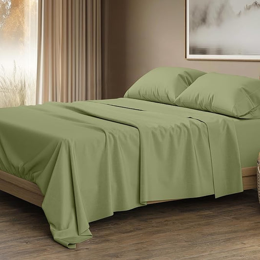 THREAD SPREAD 100% Egyptian Cotton Sheets Queen Size - Luxury 1500 Series Queen Sheet Set Egyptian Cotton (4 PC, Sage Green), Silky Soft, Sateen Weave, Cooling & Breathable, 17" Deep Pocket Bed Set