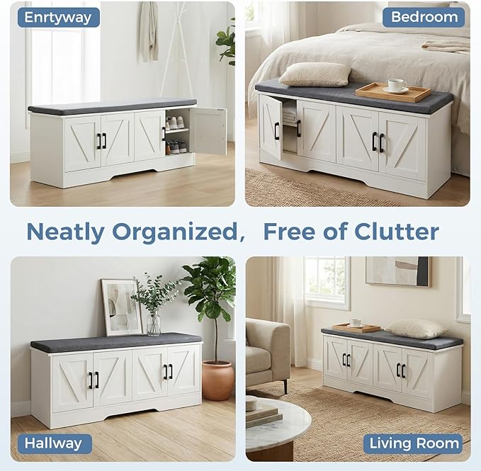 DUMOS Storage Bench, Shoe Organizer Cabinet with Thickened Padded Seat Cushion, Entryway Bench with 2 Doors & Adjustable Shelf for Hallway, Bedroom, Living Room, 28 inch, White