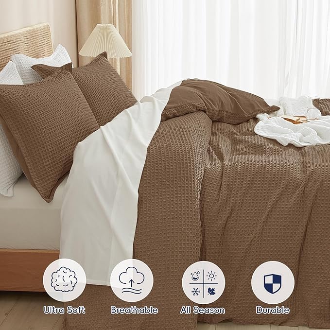 PHF Waffle Duvet Cover Set Queen Size, No Snagging Ultra Soft Luxury Textured Breathable Comforter Cover for All Season 3pcs, Durable Bedding Duvet Set with 2 Pillow Shams, 90"x90", Mocha