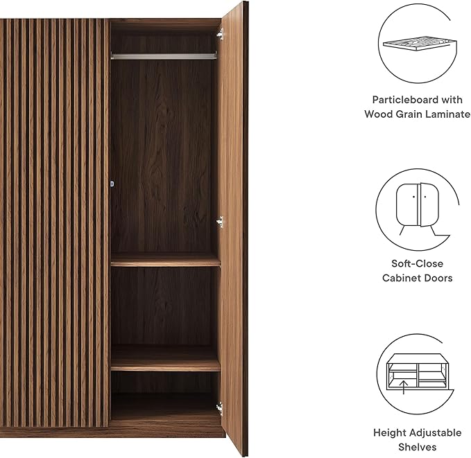 Modway Render Mid Century Modern Wardrobe Armoire Closet in Walnut w/Vertical Slatted Doors - 71Inch Freestanding Closet w/Adjustable Shelves & Hanging Rods - Tall Bedroom Storage Cabinet