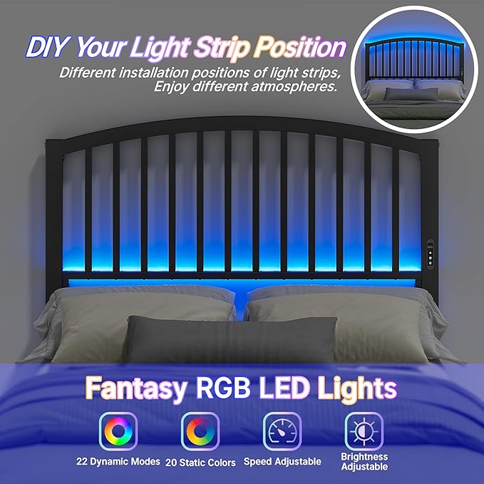 Weehom Full Size Headboard Only, Modern Headboard for Full Size Bed with LED Light, USB & Type C Port and Touch & Remote Control, Metal Headboard, Sturdy and Stable, Easy Assembly, Black
