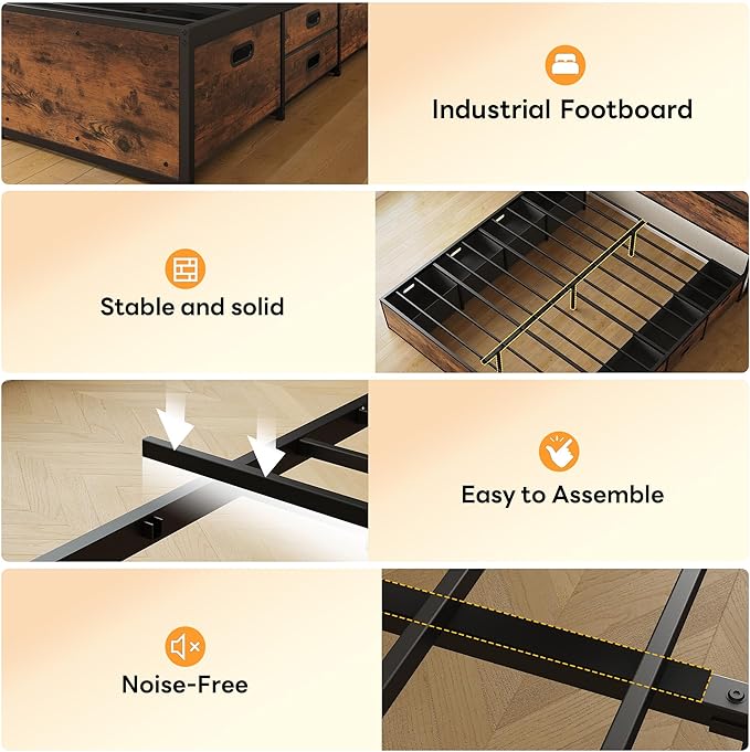 LIKIMIO King Bed Frame with 12 Fabric Storage Drawers, Industrial Platform Bed Frame with Headboard, No Box Spring Needed, Sturdy Metal Slat Support, Rustic Brown, Noise-Free, Easy Assembly