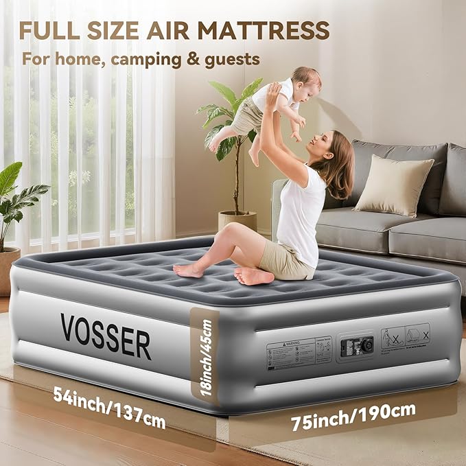 VOSSER Air Mattress Full with Built in Pump,18’’Blow Up Mattress,Self Inflatable Mattress in 3 Mins,Portable Air Bed for Camping,Floor&Travel,Full Size Air Mattress for Adults 660LB Max,Silver