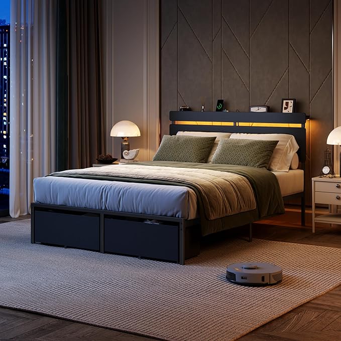 Forestell Full Size Bed Frame with Wood Headboard, Black Platform Bed with 2 Storage Drawers & Shelf, Built in Charging Station & LED Lights, Metal Support, No Box Spring Needed, Camas Full