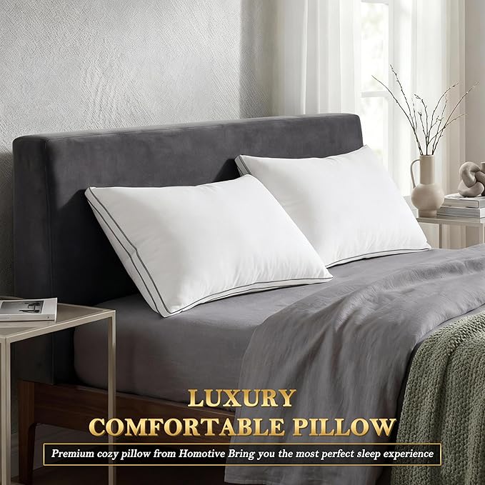 Feather Pillows Queen Size Set of 2 Goose Down Pillows with 100% Breathable Cotton Cover, Hotel Collection Bed Pillows for Sleeping, Soft Support for Back, Stomach and Side Sleepers