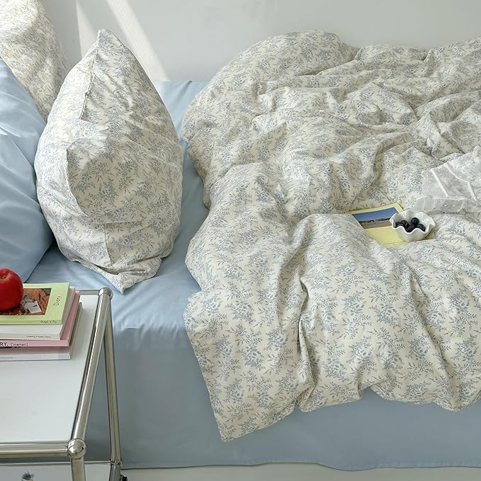 mixinni Blue Floral Duvet Cover Twin XL Size - 100% Cotton Soft Boho Comforter Cover with Zipper Closure 4 Ties, 3-Piece Vintage Aesthetic Botanical Bedding Set with 2 Pillowcases, All Season Bed Set