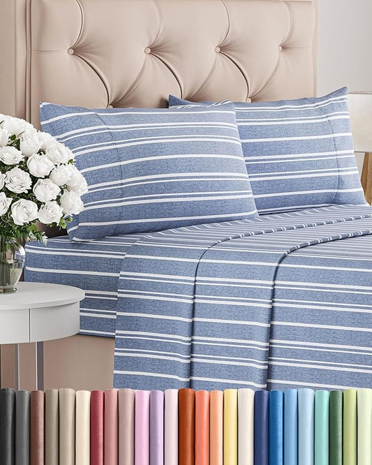 Queen Size 4 Piece Sheet Set - Comfy Breathable & Cooling Sheets - Hotel Luxury Bed Sheets for Women & Men - Deep Pockets, Easy-Fit, Soft & Wrinkle Free Sheets - Blue Stripes Oeko-Tex Bed Sheet Set