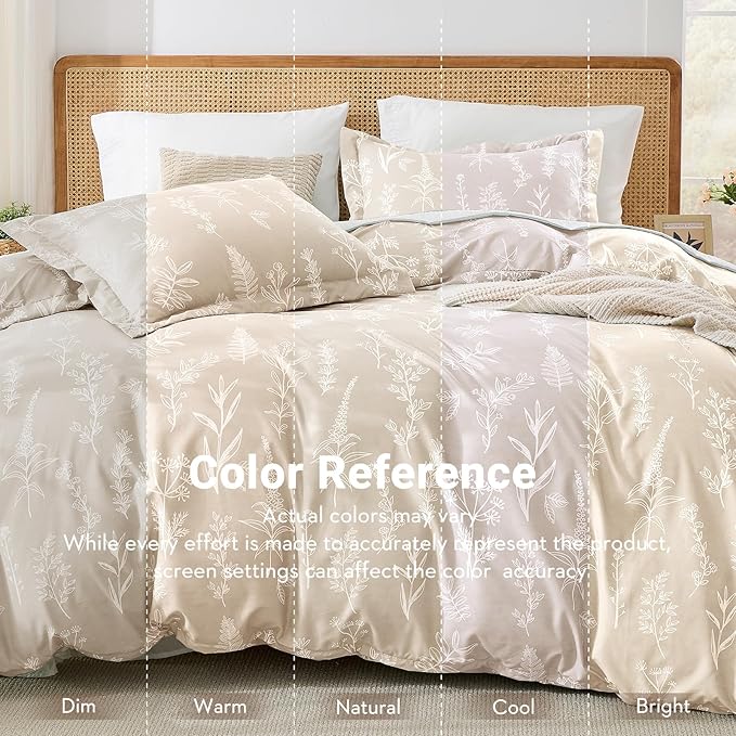 MUXHOMO Duvet Cover Full Size, Reversible Floral Beige Duvet Cover Set with Zipper Closure, 3 Pieces Botanical Patterns Soft Microfiber Bedding Set with 4 Ties (80"x90", 2 Pillow Cases)