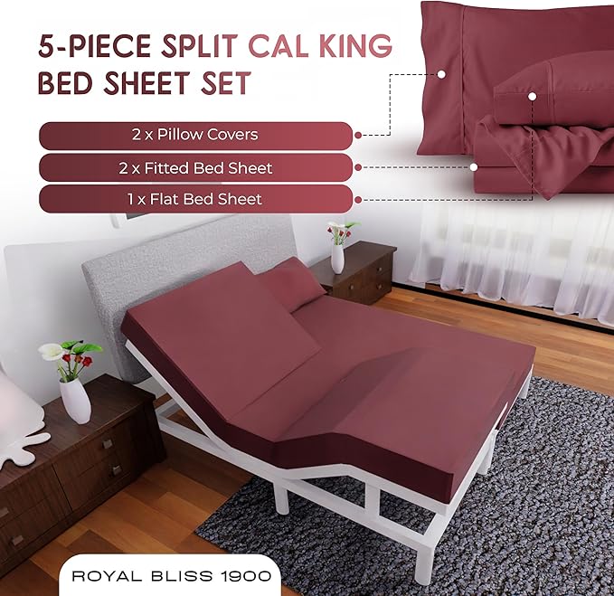 Split California King Sheets Sets - 5 Pcs Set - California King Split Sheet Sets for Adjustable Bed Split Cal King Sheets Sets for Adjustable Bed Cal King Split Sheets (Burgundy)