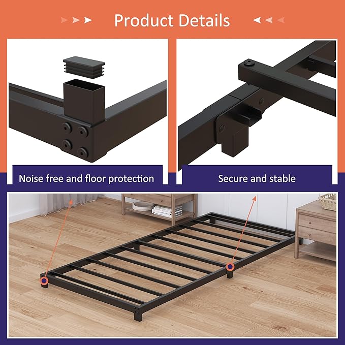 Nailsong 4 Inch Twin Bed Frames Low Profile, Twin Platform Bed Frame No Box Spring Needed, Heavy Duty Metal, Easy Assembly, Black