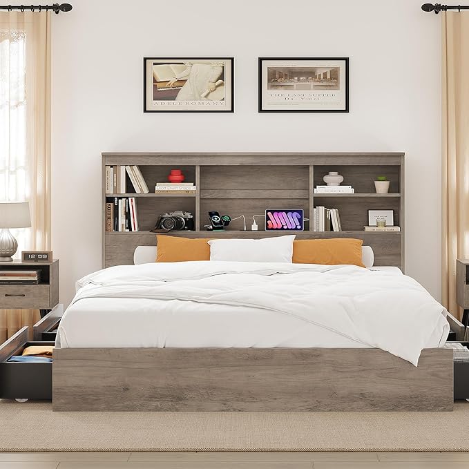IDEALHOUSE King Bed Frame with Storage Headboard, Wooden Bed Frame with Charging Station, Storage Bookcase & King Size Platform Bed with 4 Drawers, No Box Spring Needed, Noise-Free, Vintage Grey
