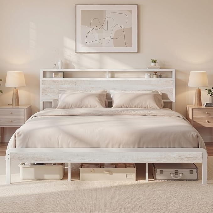 LIKIMIO King Bed Frame with Headboard, Wood Camas King with Strong Supports, Sturdy, Noise-Free, No Box Spring Needed, White Maple