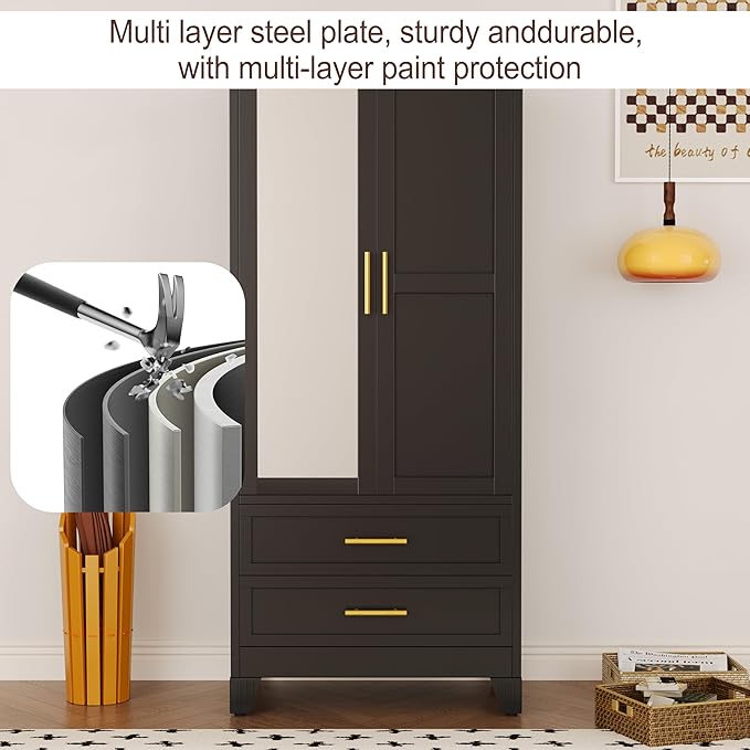 erosoei Metal Armoire Wardrobe Closet, 71 "Metal Clothing Storage Cabinet with Mirror and Adjustable Shelves, Household Steel Wardrobe Storage Cabinet with 2 Drawers and Hanging Rod(Armoire-Black)