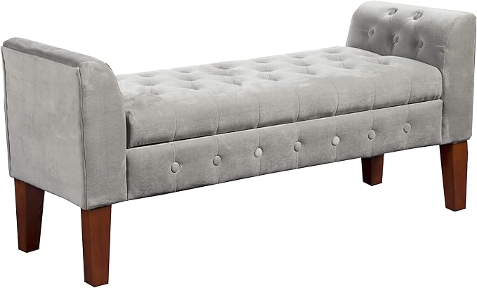 HomePop Velvet Tufted Storage Bench Settee with Hinged Lid, Grey