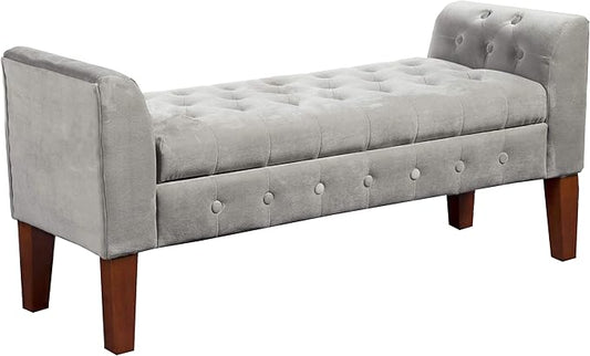 HomePop Velvet Tufted Storage Bench Settee with Hinged Lid, Grey