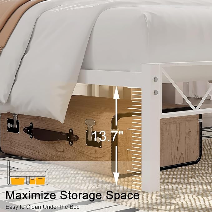 VECELO Queen Size Bed Frame with Headboard, Heavy-Duty Platform Bedframe with Metal Slats Support, No Box Spring Needed, Easy Assembly, White & Natural