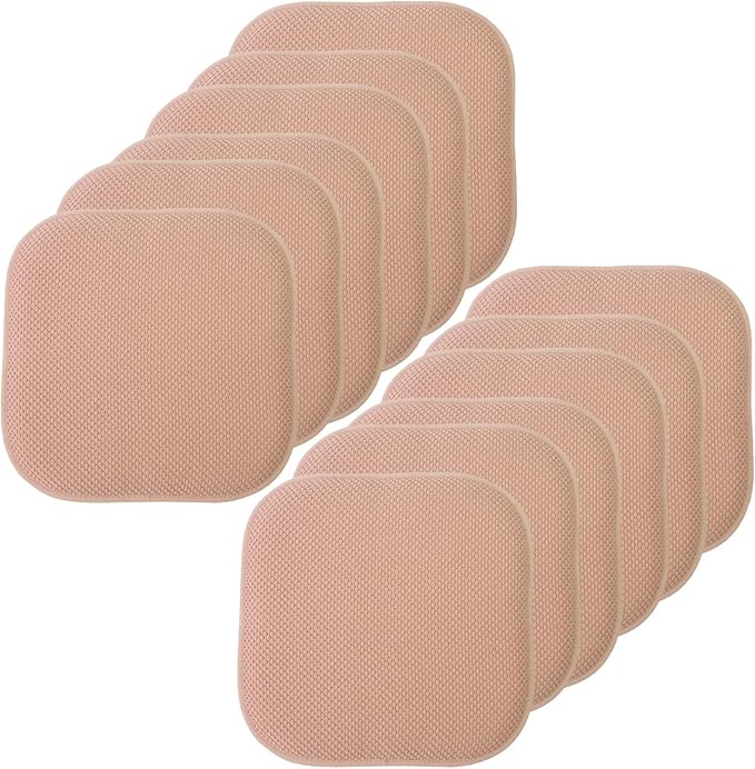 Sweet Home Collection Chair Cushion Memory Foam Pads Honeycomb Pattern Slip Non Skid Rubber Back Rounded Square 16" x 16" Seat Cover, 12 Pack, Blush