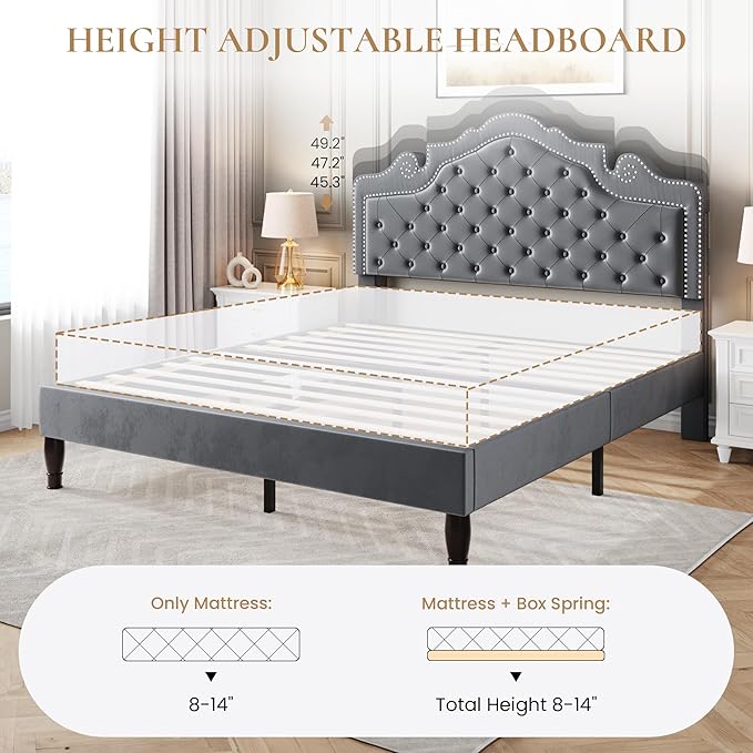SHA CERLIN Queen Bed Frame with Adjustable Headboard/Velvet Upholstered/Diamond Button Tufted and Metal Studs/No Box Spring Needed/Wooden Slat Support/Easy Assembly/Light Grey