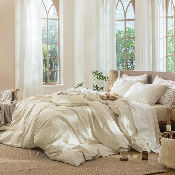 MooMee Striped Duvet Cover Set 100% Washed Cotton Linen Like Textured Breathable Durable Soft Comfy (Almond Milk Grey White Wide Stripes, Oversized King Plus 128"x120")